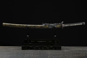 Samurai Sword/Katana with Tri-color Copper and Wave Pattern (Yellow Lacquer Style) | 104cm / 40.94inch | Patterned Steel